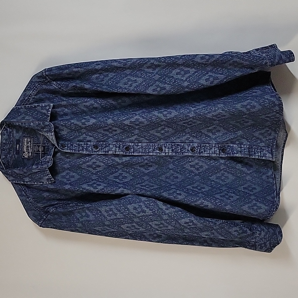 American Rag Men's Demin Patterned Long-Sleeved Button-Down Blue Shirt, Sz L